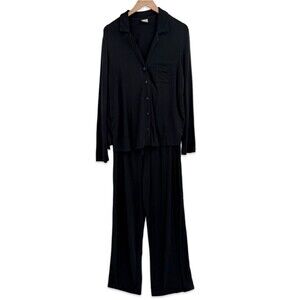 ✦ Soma Modal Blend PJ Set Long Sleeve Top & Wide Leg Pants | Black | Large